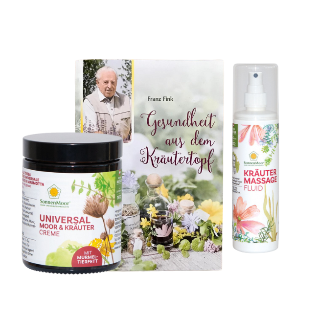 Sonnenmoor Wohlfühlpaket ohne Hintergrund Sonnenmoor Wohlfühlpaket: Naturpflege und Kräuterwissen enthält 140 mg Universal Moor- und Kräutercreme mit Murmeltierfett + 100 ml Kräutermassagefluid + Buch "Gesundheit aus dem Kräutertopf"